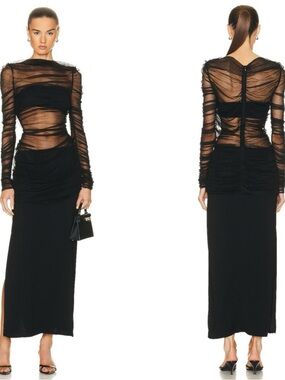 CHRISTOPHER ESBER Tulle Ruched Sheer Long Sleeve Black Maxi Dress Size 8